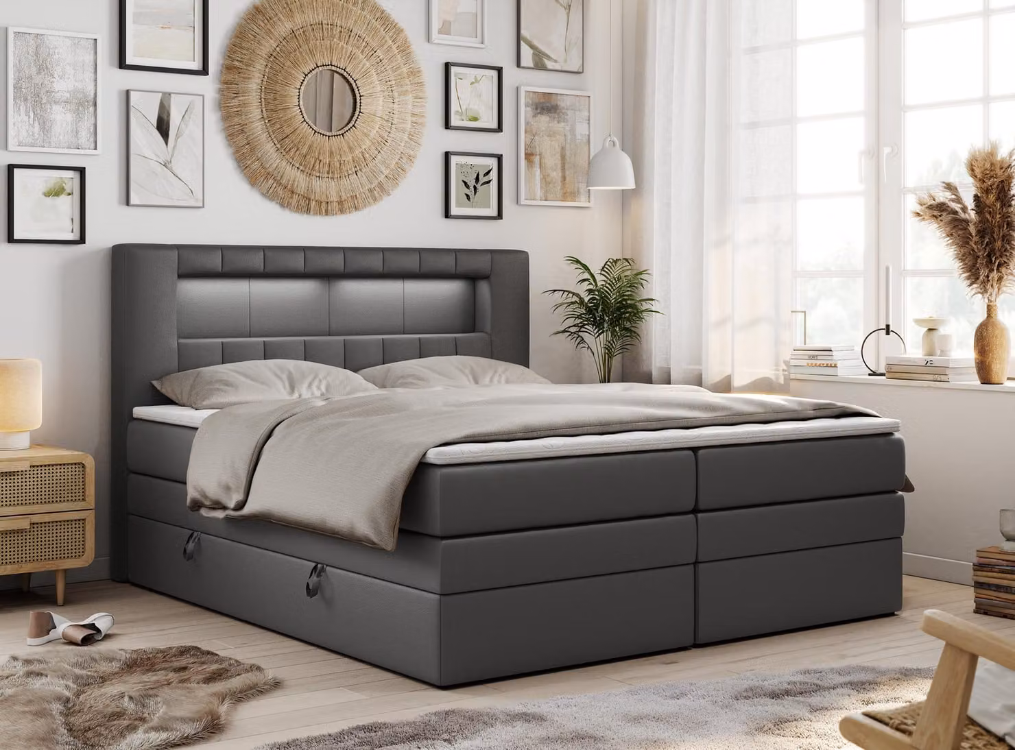 Letto boxspring con testiera LED e topper - GOLD-5-KING - 140x200 cm - Grigio scuro - Rigido (H4)