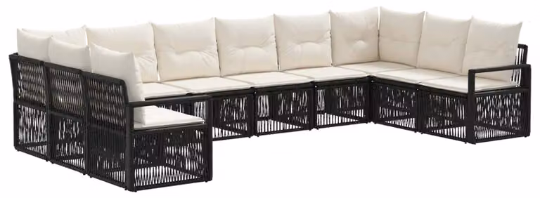 Set da giardino composto da 10 pezzi, colore nero, realizzato in rattan sintetico