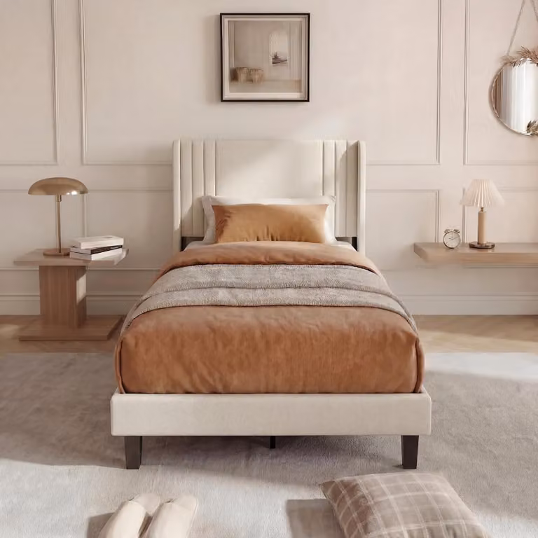 ProximaX Letto singolo per ragazzi 90x200 cm Letto imbottito con rete a doghe, letto in legno massello Tessuto in lino, lettino per bambini Letto per ospiti, beige