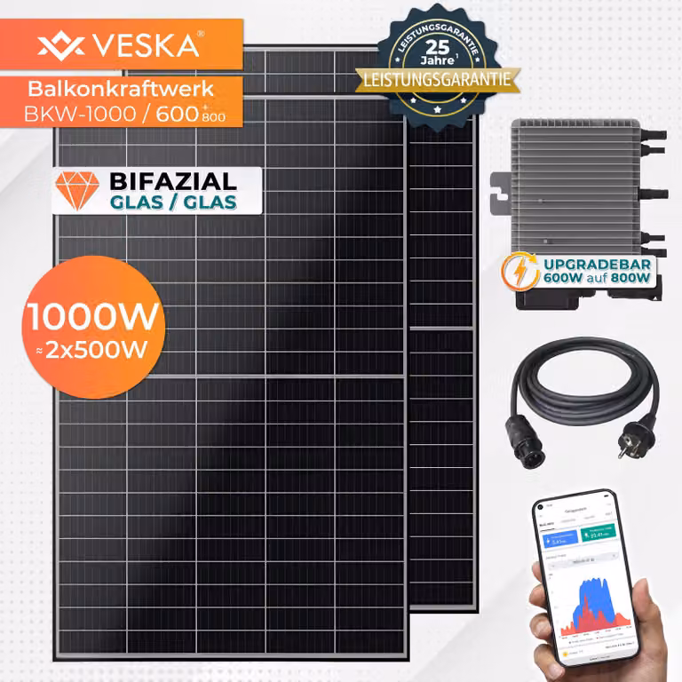 Centrale elettrica da balcone 1000 W / 600 W Sistema solare bifacciale Pronto per la connessione WIFI Smart mini impianto fotovoltaico 600 W Aggiornabile a 800 W, nero