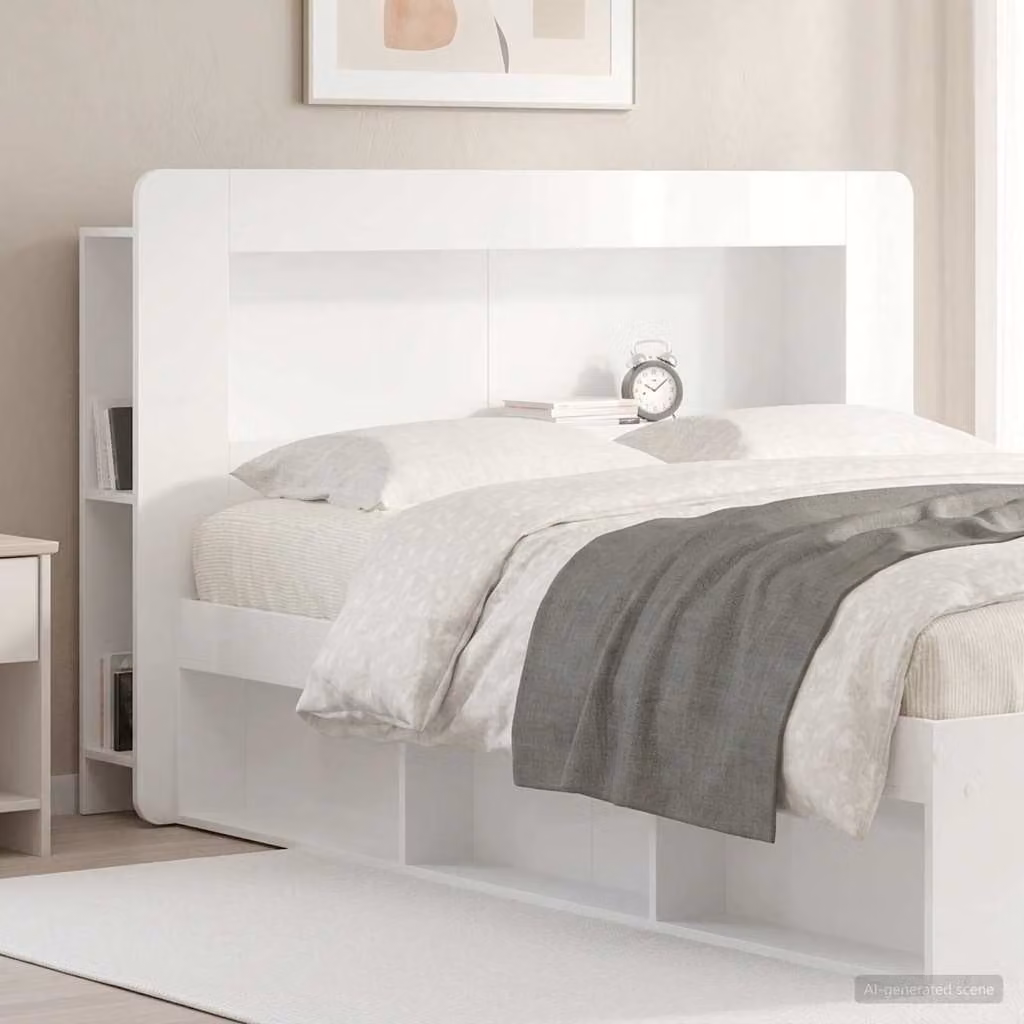 Testata del letto moderna vidaXL in legno ingegnerizzato bianco lucido con ripiani integrati L 182,0 cm x H 100,0 cm x P 24,8 cm