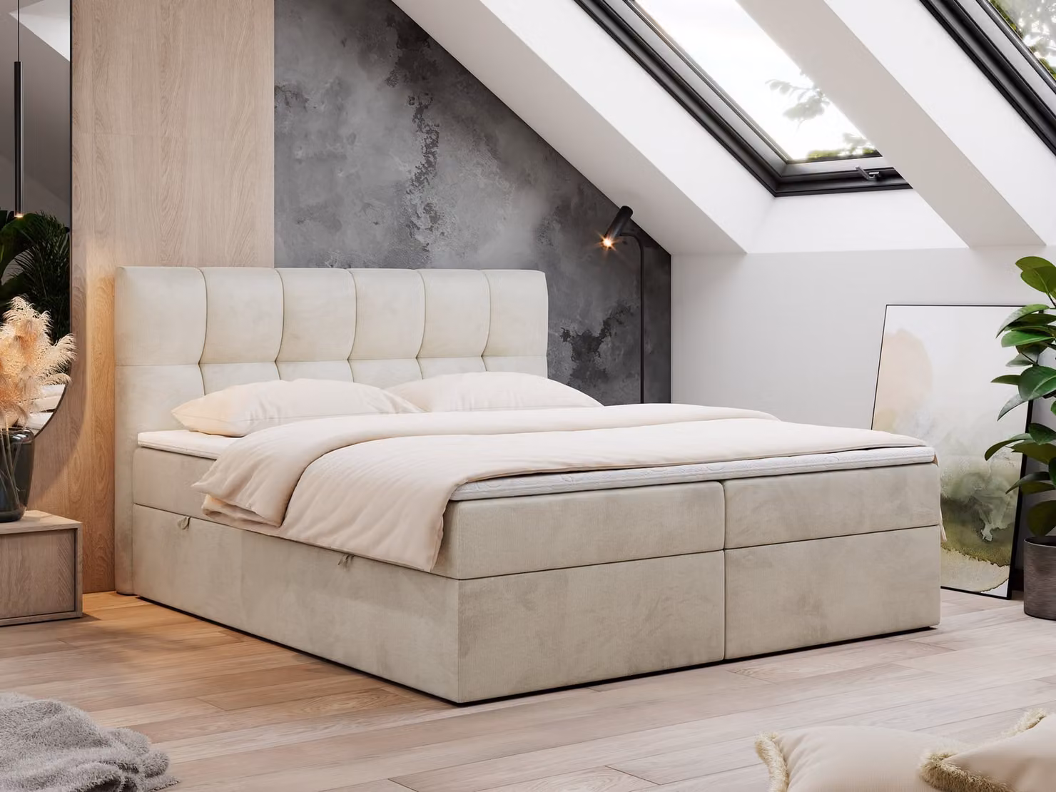 Letto boxspring 180x200 con contenitore, letto con materasso a tasche - topper H4, letto imbottito 180x200 con contenitore e testiera, letto boxspring con materasso H4 - RICO - 180x200 - Beige - Velvet - H4