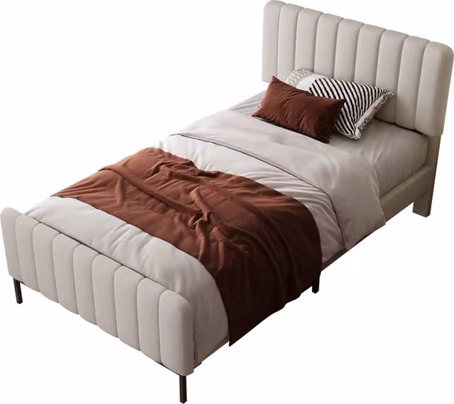 Letto Singolo 90x200 cm Imbottito Grigio Beige con Testiera Regolabile in Altezza e Rete a Doghe