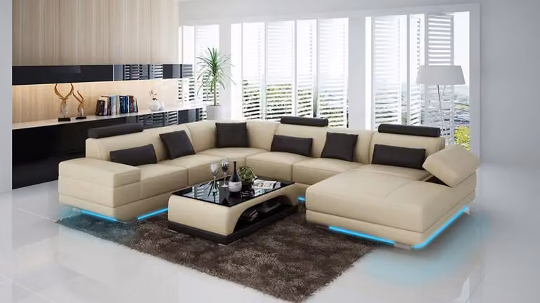Ledersofa Couch Wohnlandschaft Ecksofa Eck Garnitur Design Modern Sofa Beige USB