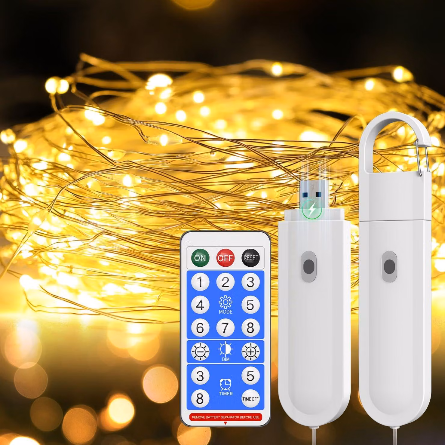 Catena luminosa da 10 metri, 100 LED, luce bianco caldo, grado di protezione IP67, 8 modalità, confezione da 2