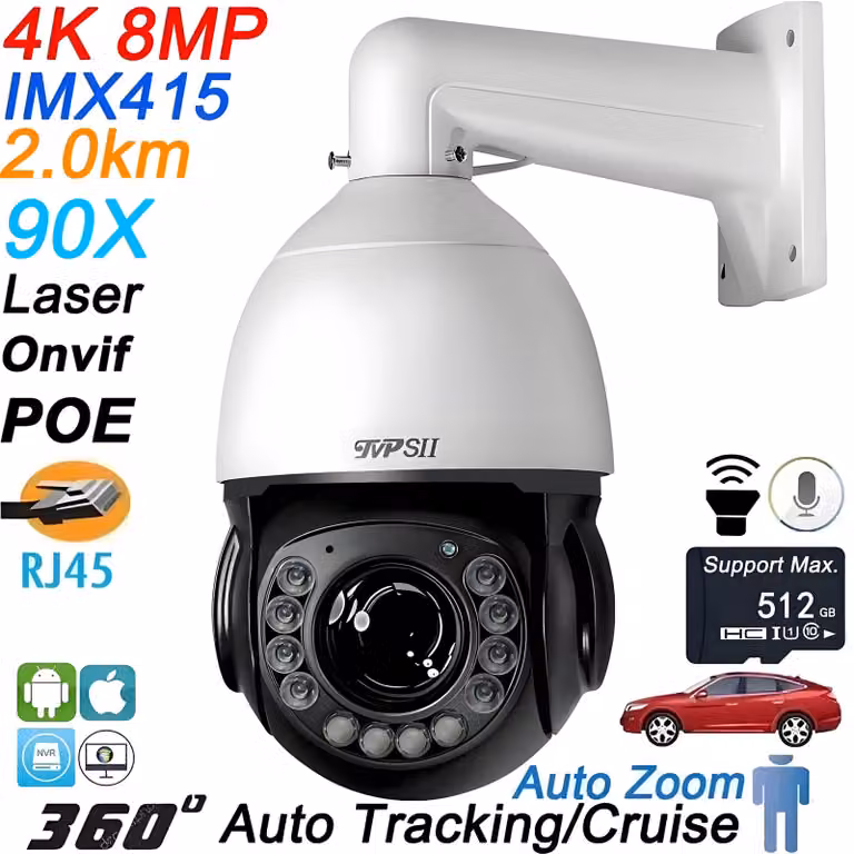 Telecamera di sicurezza – 4K, 8MP, dome PTZ – zoom ottico 90x – visione notturna a infrarossi – PoE