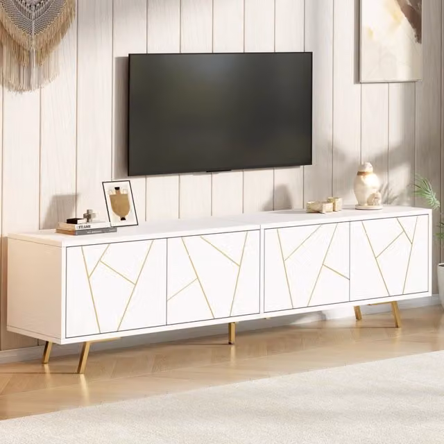Mobile TV con 4 ante e piano sollevabile in truciolato bianco e oro con 5 gambe metalliche 190 × 40 × 51.5 cm