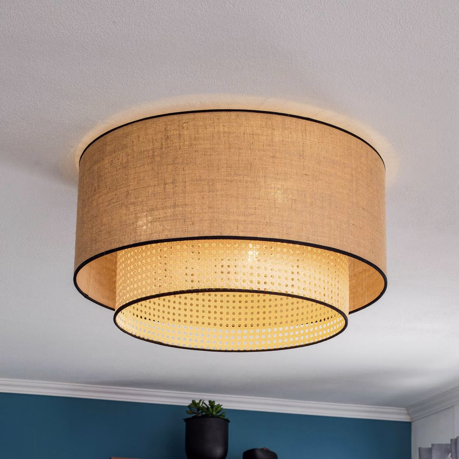 Plafoniera soffitto Big Boho Duolla, dimmerabile, Legno chiaro, Soggiorno / Sala da pranzo, Tessuto / Stoffa / Seta, Campagna / Rustiche, Plafoniera