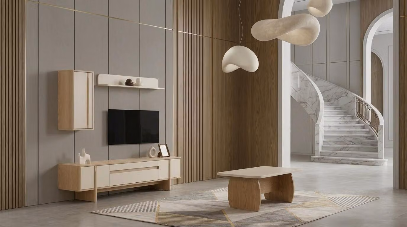 Mobile TV a muro, pensile, ripiano, stile moderno, beige, rettangolare, pratico