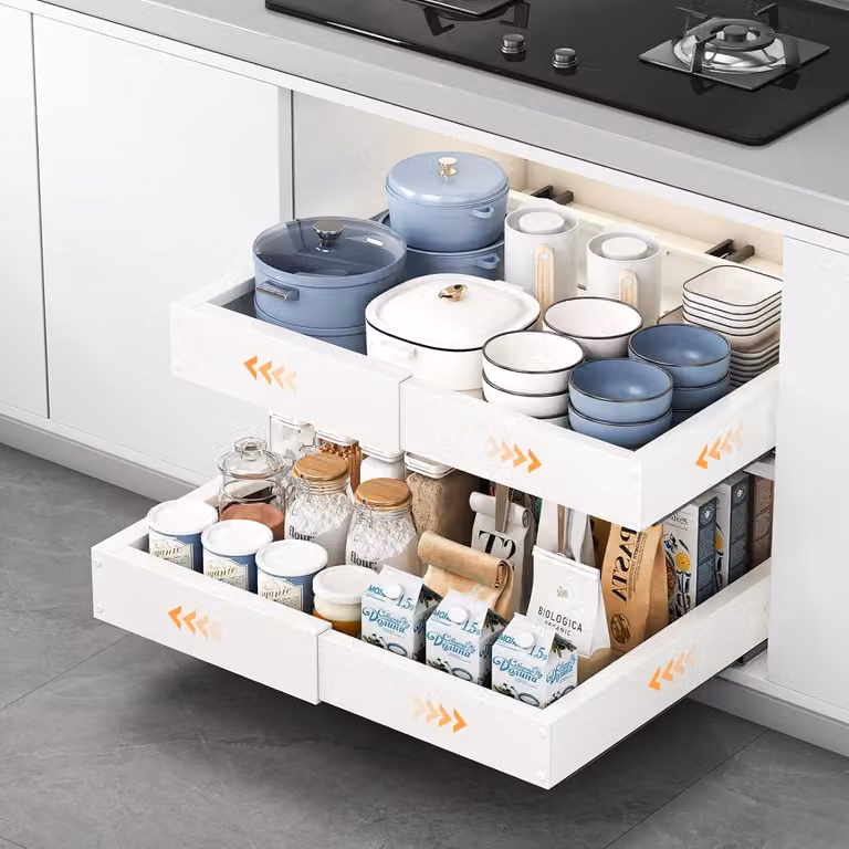 Cassetti estraibili per cucina, in acciaio, 2 pezzi, profondità 41,5-55 cm, larghezza 29-48 cm, per mobiletti da cucina