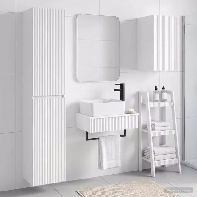 Set di mobili da bagno moderno vidaXL in legno bianco opaco composto da 3 pezzi: mobile sottolavabo, pensile e colonna, L/P/H: 33 x 34,5 x 160 cm