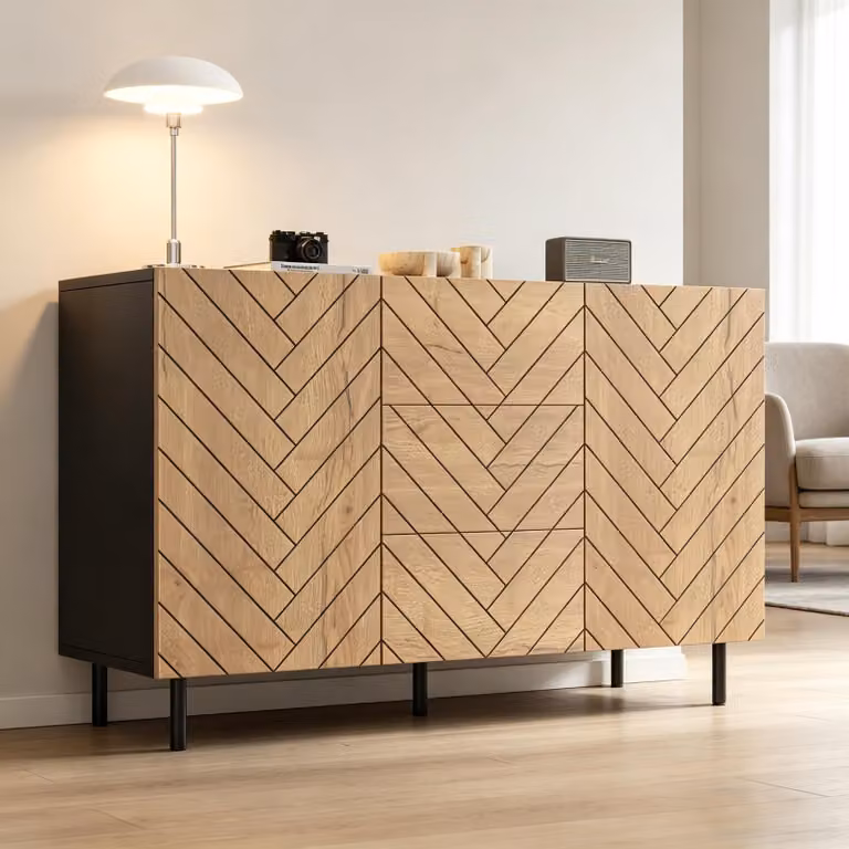 Credenza Merax con 3 cassetti e 2 ante, mobile da salotto in truciolato, mobile contenitore con effetto legno e cornice nera, colore naturale