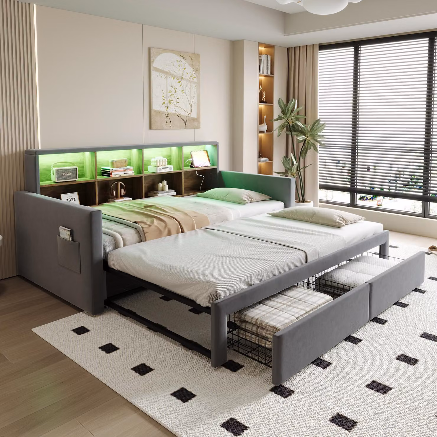 Letto imbottito estendibile 90/180 x 190 cm, divano letto con LED, presa di corrente, USB e porta di tipo C, contenitore nella testiera, 2 cassetti, rete a doghe, colore grigio scuro