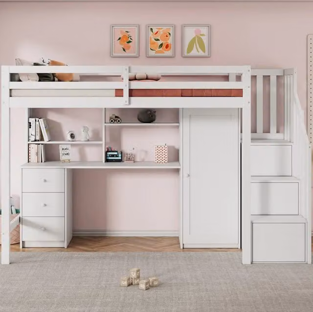 Letto a castello per bambini 90x200 cm con scrivania e armadio bianco