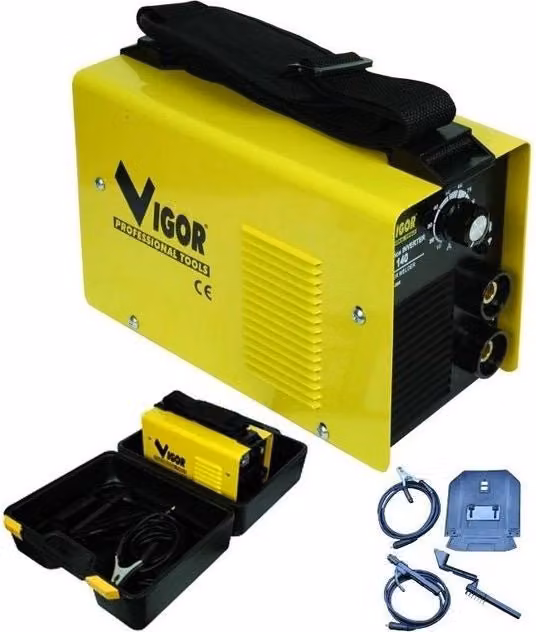 Saldatrice Inverter MMA Vigour 53550-20 con Kit Valigia, Corrente 5-160 A, Elettrodi 1,5-2,5 mm, Peso 4,0 kg, Nero e Giallo