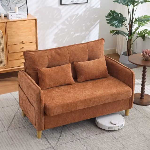 Divano 2 posti ULEVR 127 cm con braccioli e tasche laterali, rivestimento in ciniglia marrone