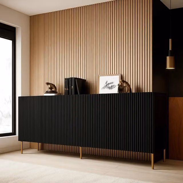 Credenza Londa, Madia da salotto con quattro ante battenti, Rialzato da terra, 200x42 h82 cm, Nero