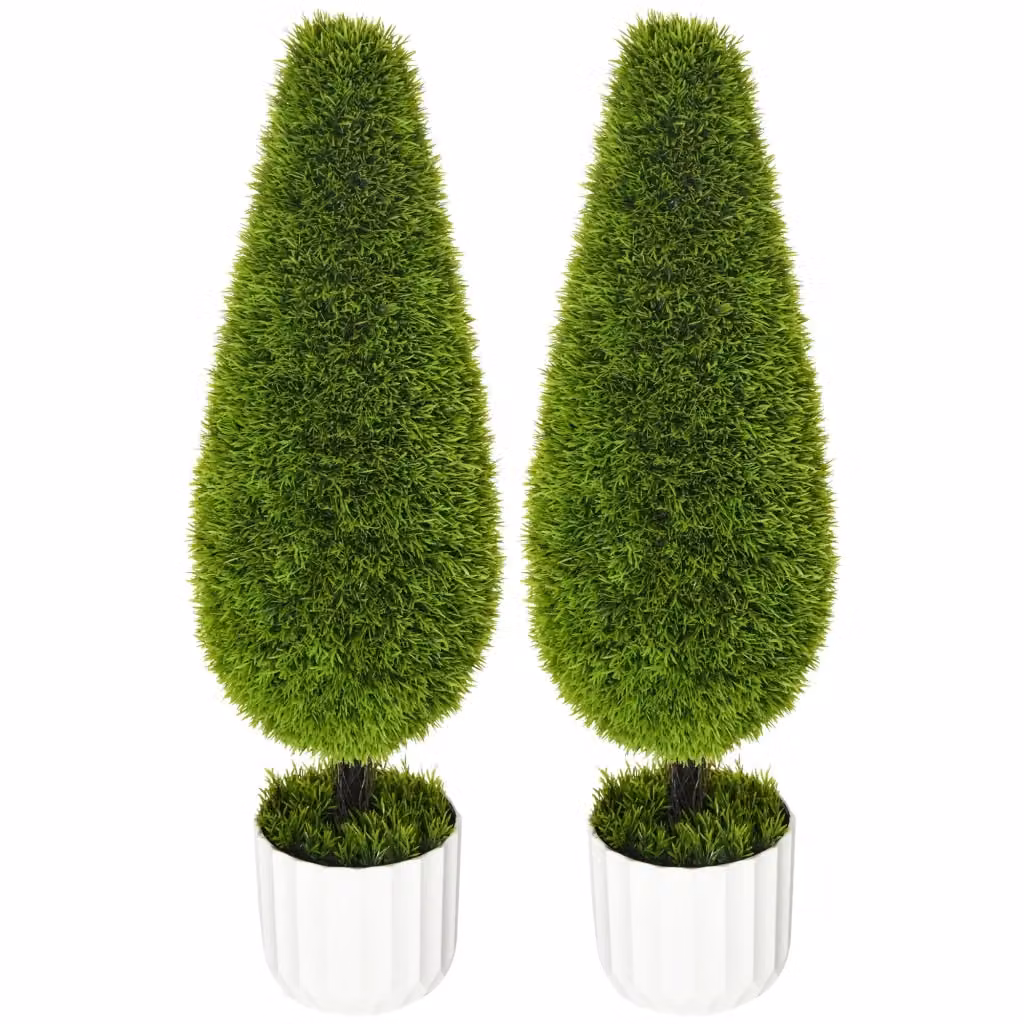 Set di 2 Piante Finte di Cipresso Design In con Vasi in Cemento e Muschio, Verde e Bianco, Altezza: 90 cm, L/P/H Vaso: 12 x 12 x 16 cm – 2