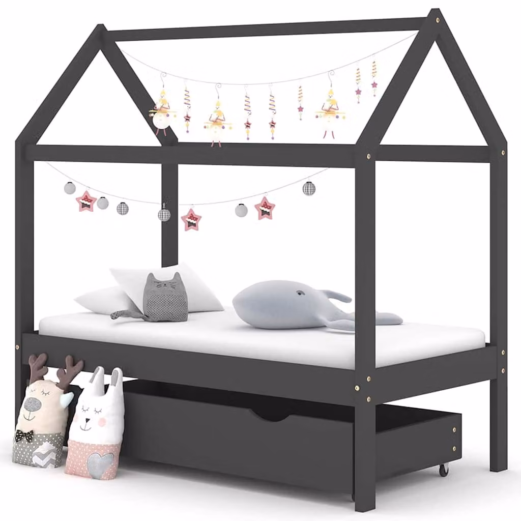 vidaXL Giroletto per Bambini con Cassetto in Pino Massello Grigio 70 x 140 cm