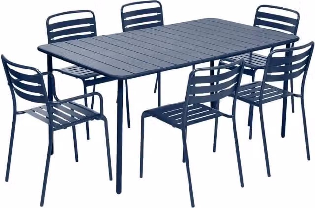 Set tavolo da giardino in acciaio con 2 poltrone e 4 sedie, blu navy