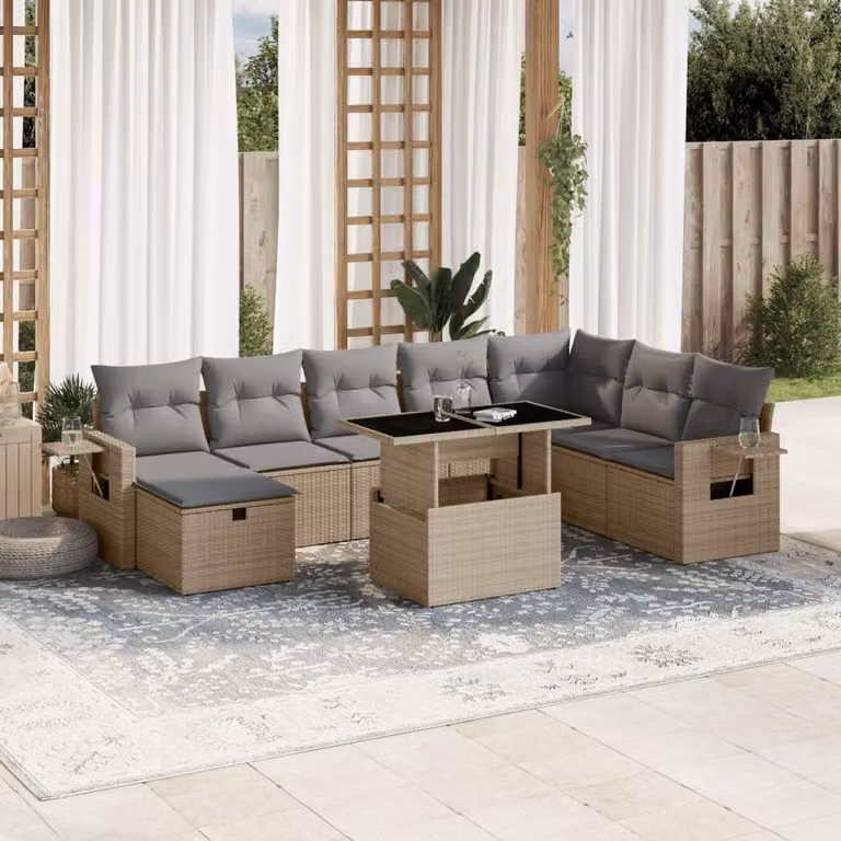 vidaXL Set Divano da Giardino a L in Polyrattan Beige con Cuscini e Tavolino da Esterno 9 pz