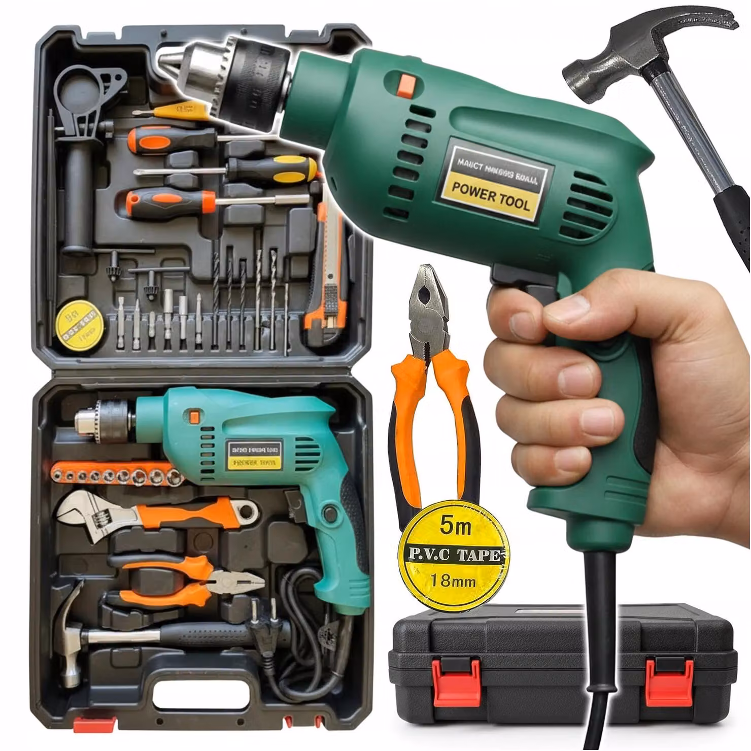 Trapano avvitatore a percussione - Trapano avvitatore elettrico da 550 W - Set di accessori da 37 pezzi - Valigetta porta attrezzi - Alimentazione a cavo - Motore a spazzole - Adatto per legno, metallo, mattoni e cemento