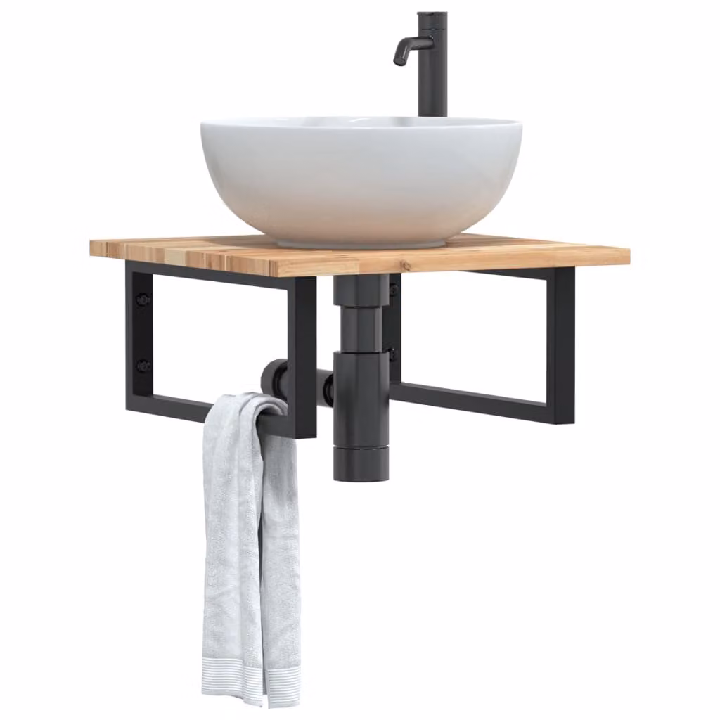 Ripiano a parete per lavabo vidaXL in legno di acacia e metallo nero e marrone L: 50 cm, P: 22 cm, H: 50 cm