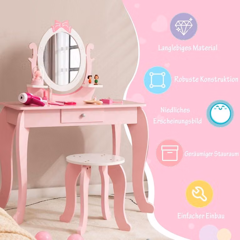 Set da toeletta per bambini 2 in 1 in legno con sgabello per bambini dai 3 ai 7 anni Rosa + Bianco