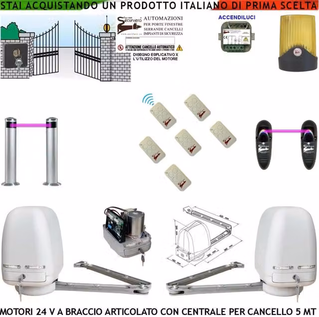 Automatismo Cancello Kit Motori Braccio Articolato 24 V 2 Ante da 1 a 2,5 MT Centrale 220/24 V 6 Radiocomandi Selettore Faro 2 Fotocellule 2 Paline Accendiluci