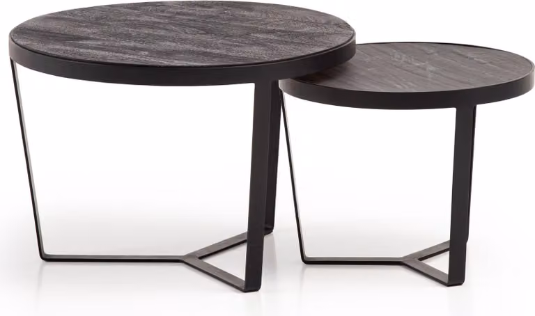 Set di 2 tavolini in legno massiccio di acacia/pietra nel soggiorno rotondo | Wohnling
