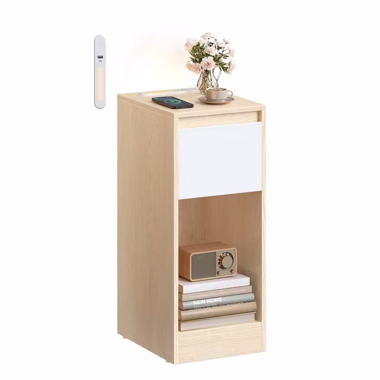 Comodino con LED porte USB cassetto e scomparto, Giallo Mandorla + Bianco Nuvola / 1