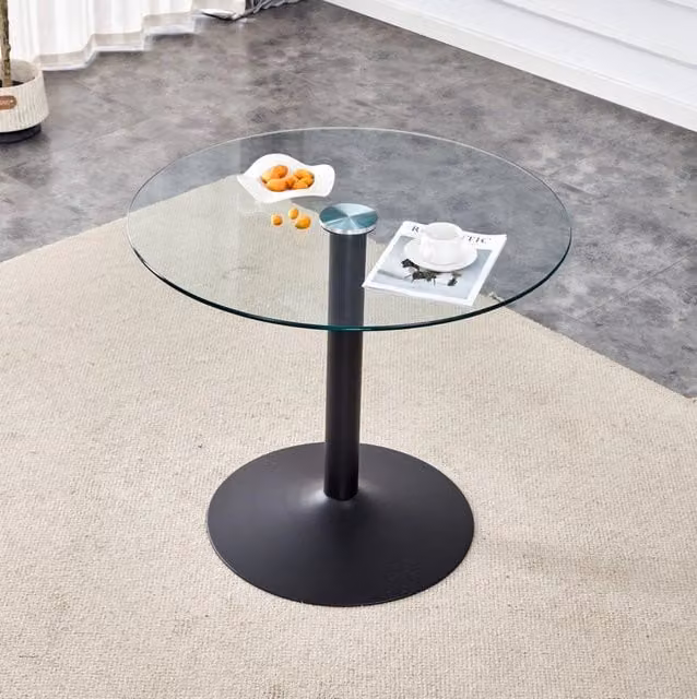 Tavolo bar rotondo MODFU in vetro temperato trasparente e metallo nero, Diametro: 85 cm, Altezza: 76 cm