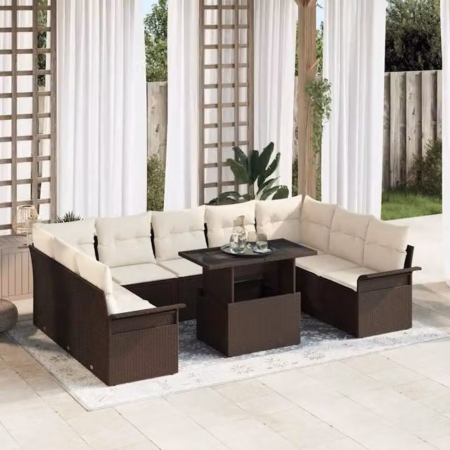 Set Divano da Giardino 10 pz Marrone Poly Rattan 3348344