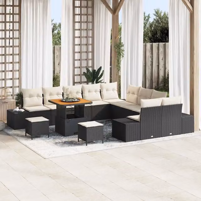 Set Divano da Giardino Moderno vidaXL a Forma a U con 13 Pezzi, Colore Nero