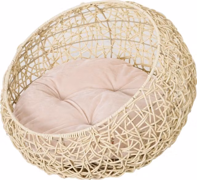 Cuccia a cesta per gatti PawHut in rattan beige con cuscino in lino e cotone, Diametro: 56 cm, Aosom