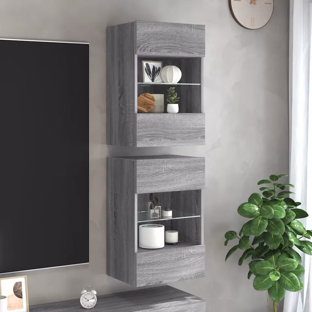 Set di 2 mobili da parete vidaXL con luci LED integrate per TV, colore Grigio, L 40 cm x P 30 cm x H 60,5 cm