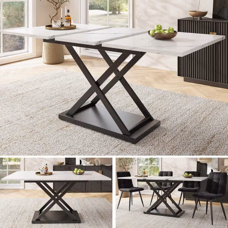 Tavolo da pranzo Sweiko telescopico (120-160×80 cm), tavolo da pranzo allungabile, tavolo da cucina salvaspazio, gambe in ferro incrociate nere, per cucina e soggiorno, tavolo da pranzo bianco marmorizzato