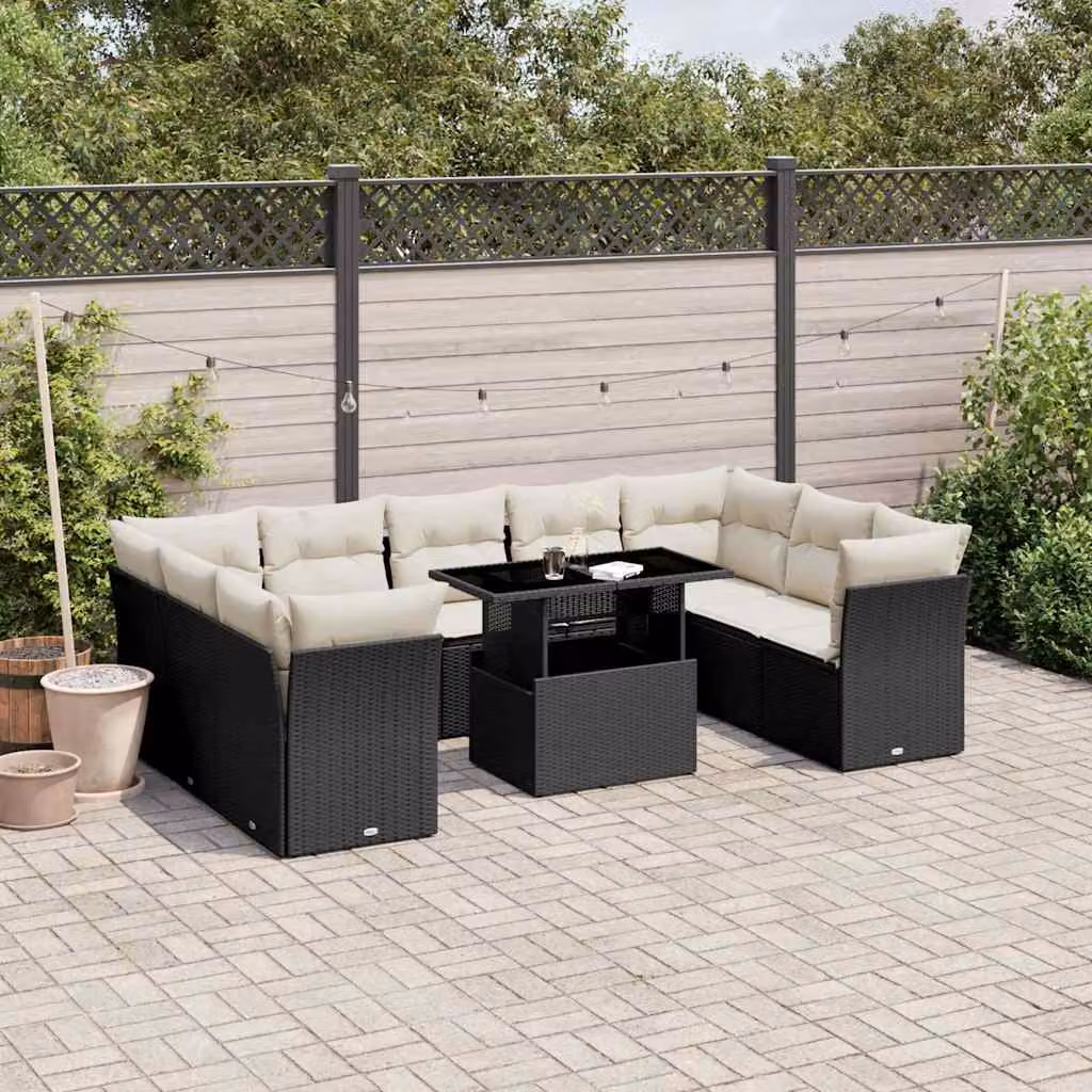 Set di divani da giardino vidaXL a forma di L con cuscini e tavolino, nero e bianco – 1