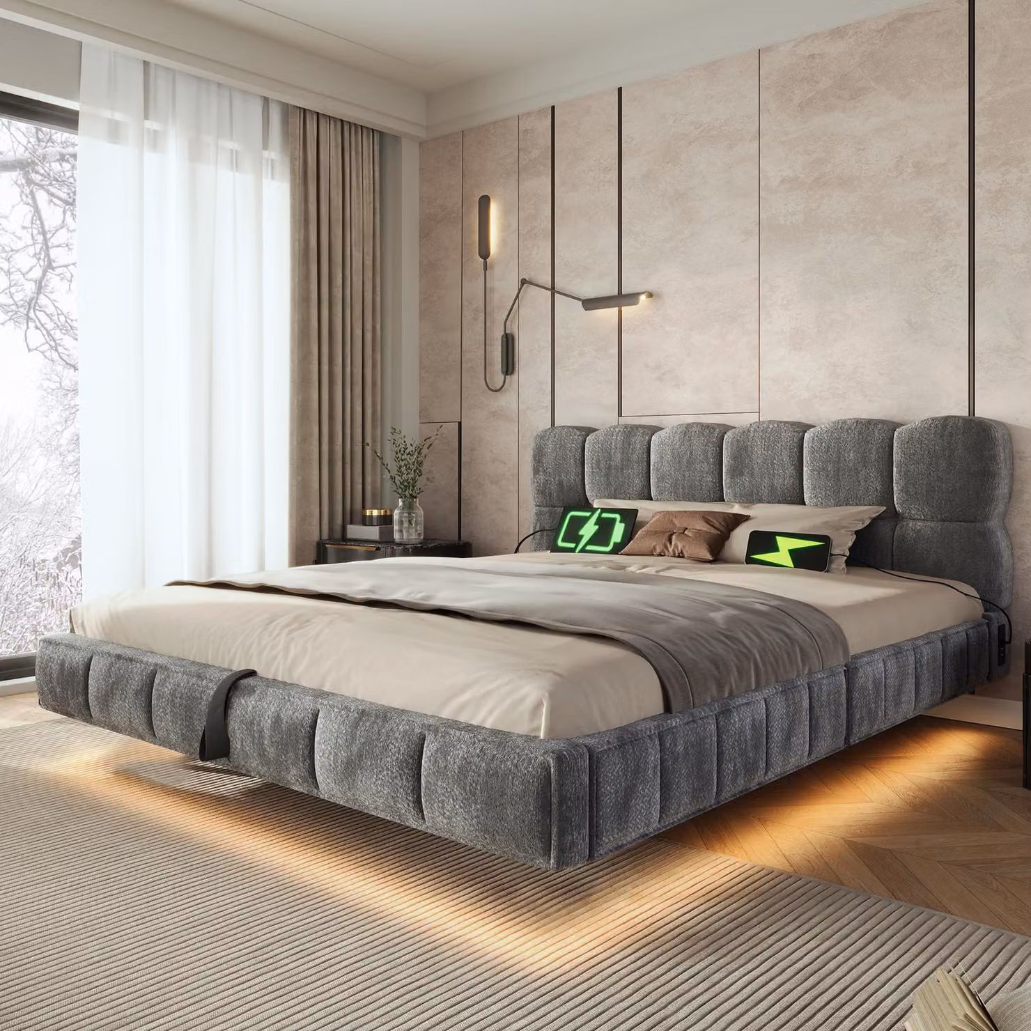 Letto imbottito Flieks 140x190 cm con USB e porta Type-C, letto con spazio contenitore ad apertura idraulica, rivestito in ecopelle, letto matrimoniale per ragazzi con spazio contenitore, letto con meccanismo idraulico, tessuto chenille, colore grigio