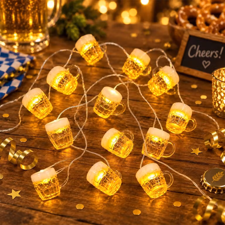 Catena luminosa da 2 metri, 20 LED, ideale per decorazioni a tema birra e , luce bianco caldo