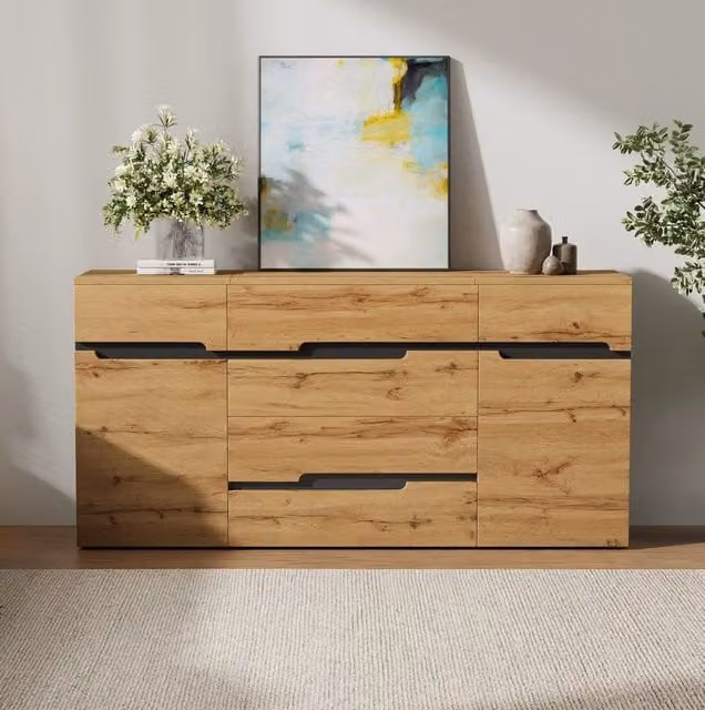 Madia moderna per soggiorno con 2 ante e 4 cassetti in MDF, nero ed effetto legno, L 160 x P 40 x H 80 cm