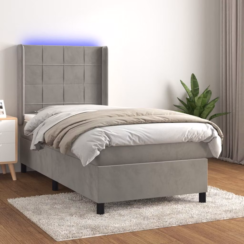 Letto Ibrido con Materasso e Illuminazione LED vidaXL in Velluto Grigio Chiaro 90x190 cm – 1