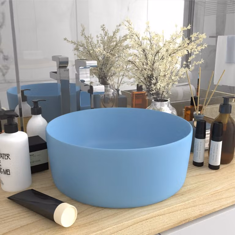 The Living Store Lussuoso lavabo rotondo opaco azzurro 40x15 cm in Vetroceramica