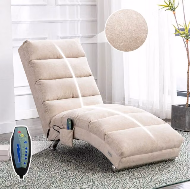 Chaise longue massaggiante ULEVR 148 cm con vibrazione delicata, tasca laterale e rivestimento in lino beige