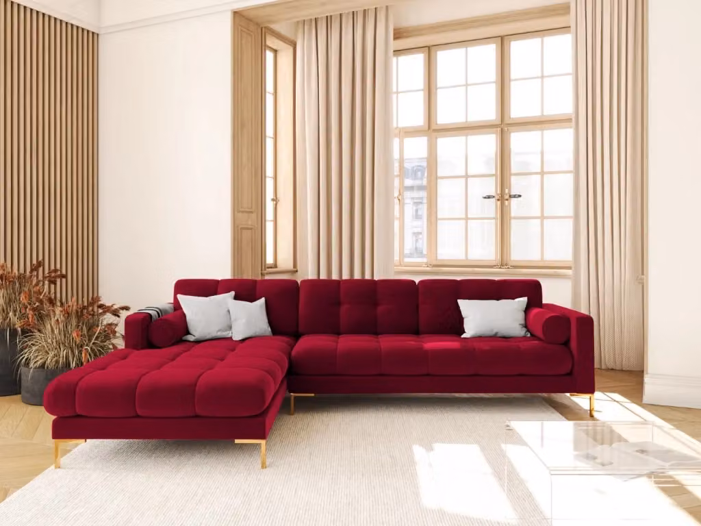 Divano angolare sinistro Bali di Cosmopolitan Design in velluto rosso da 5 posti con struttura in metallo e cuscini inclusi L: 293 cm, P: 185 cm, H: 105 cm – 2