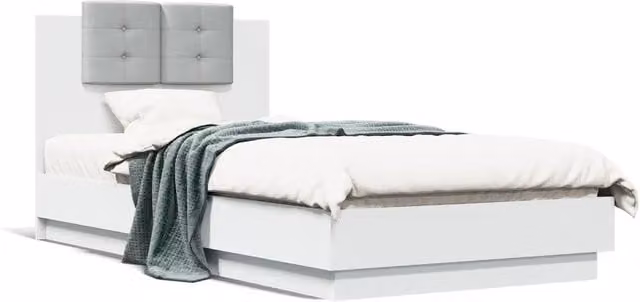 Letto singolo per adulti con testiera imbottita in tessuto e struttura in legno, Bianco e Grigio, L/P/H: 90 x 190 x 84 cm – 1