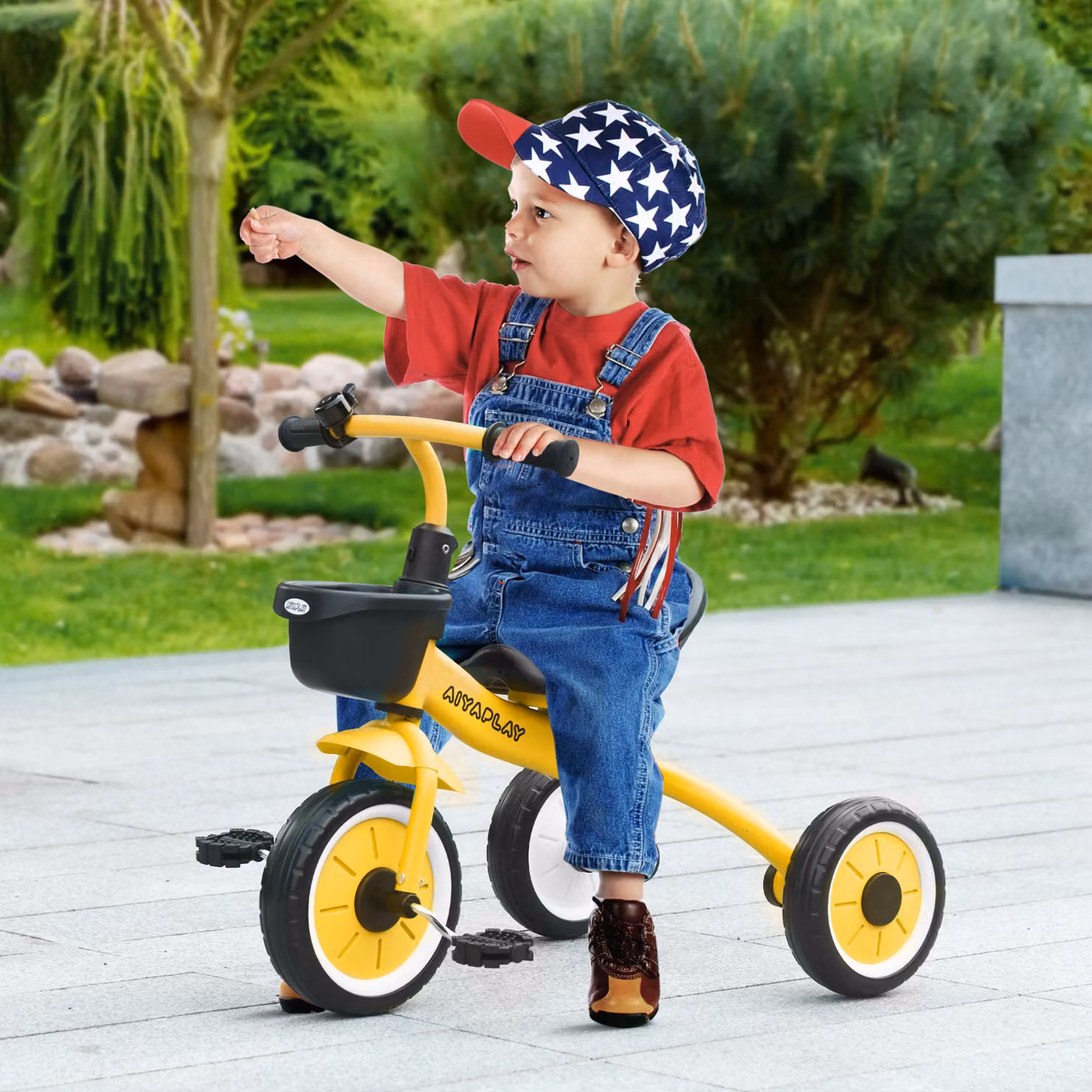 Triciclo per bambini AIYAPLAY con seduta regolabile e campanello, Giallo, L 70.5 cm x P 50 cm x H 58 cm – 2