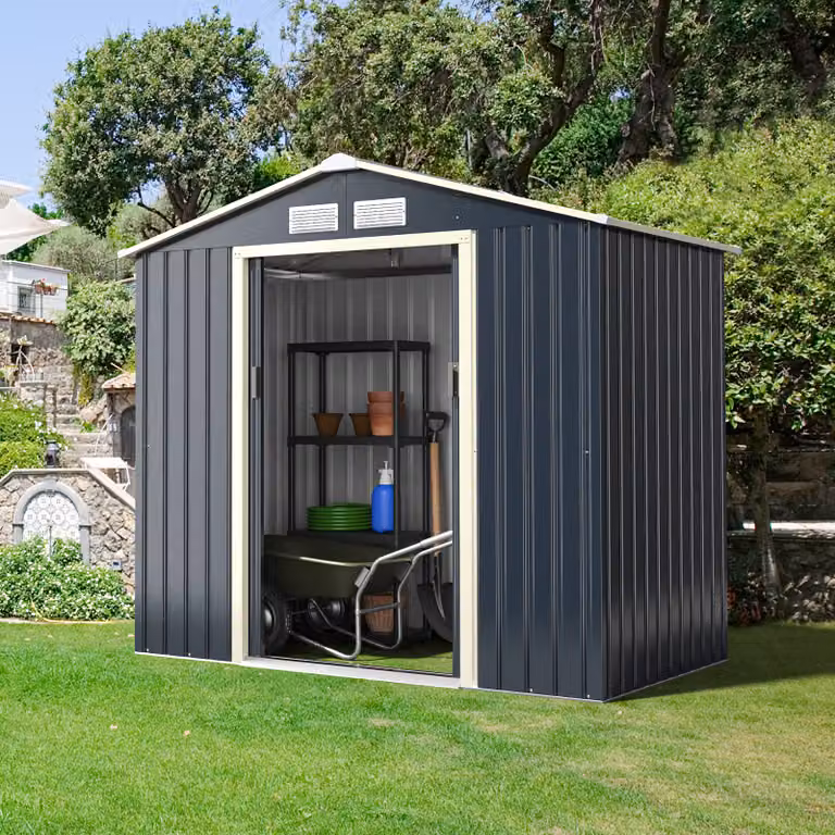 Capanno per attrezzi in metallo COSTWAY 213x127x195 cm, capanno per attrezzi con serratura, capanno da giardino con 4 prese d'aria e porta scorrevole