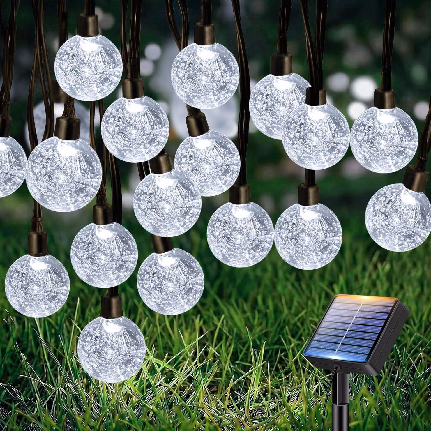 Catena luminosa solare, 10 metri, 30 LED, sfere di cristallo, luce bianca fredda, impermeabile
