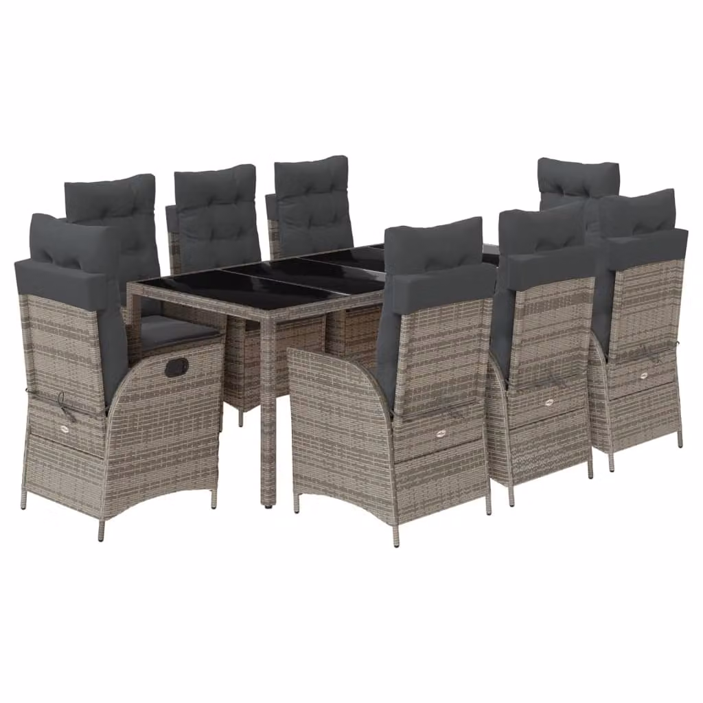 Set da Pranzo da Giardino 9 pz con Cuscini in Polyrattan Grigio